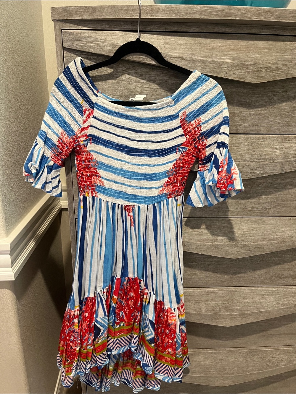 Womens Blue & Red Striped Floral Off-Shoulder Summer Dress